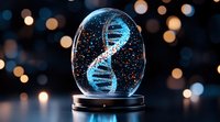 Glowing DNA helix structure in glass sphere on dark background with bokeh lights creates magical scientific atmosphere. For medical or biotechnology concepts.