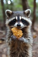 Adorable raccoon holding and eating fried chicken in forest setting, close-up portrait showing expressive face, masked features, and tiny paws grasping food.