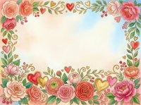 Watercolor floral frame with roses, peonies, and decorative hearts in coral and pink tones. Isolated design on cream background, ready for invitations, greeting cards, and wedding stationery projects.