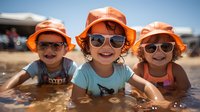 Three happy children wearing orange sun hats and sunglasses play together in shallow water at beach on sunny summer day, enjoying outdoor activities and fun.