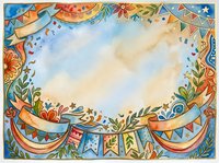 Whimsical folk art frame with ornate floral borders, decorative ribbons, and festive bunting on watercolor background. Isolated design element suitable for invitations, greeting cards, posters, and creative projects.