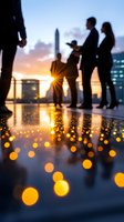 Business professionals silhouetted against dramatic sunset cityscape with golden bokeh reflections on wet surface. Urban corporate meeting atmosphere at dusk.