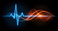 Digital sound wave visualization with blue and orange glowing frequencies on black background for audio technology and music production projects.