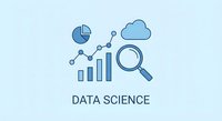 Data science concept with analytics icons including charts, graphs, magnifying glass and cloud computing elements on light blue background for business presentations.