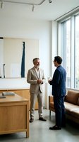 Two professional businessmen having conversation in modern office with large windows and contemporary furniture for corporate meetings.