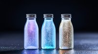 Three glass bottles filled with colorful glitter particles in purple, blue and gold creating magical sparkle effect on dark background.