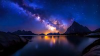 Stunning night sky with Milky Way galaxy over mountain lake reflecting starlight and cosmic colors in serene landscape for astronomy and nature photography.