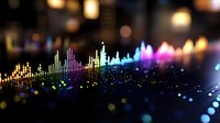 Digital audio waveform visualization with colorful spectrum bars and bokeh lights background for music production and sound engineering applications.