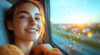 Young Caucasian woman with radiant smile gazing through train window at sunset, bokeh lights and raindrops creating dreamy atmosphere, wearing orange sweater.