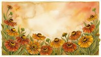 Watercolor floral border with orange and yellow helenium flowers on warm golden background, copy space for text or greeting card design.