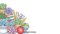 Watercolor succulent plants in decorative pots with books, scissors and apple on white background. Office desk workspace flat lay composition for design projects.