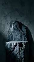 Dark stone podium with rough textured surface against moody gray wall, dramatic lighting for luxury product display and cosmetic presentation.