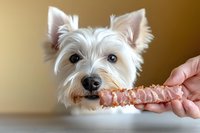 White West Highland Terrier dog looking at raw meat bone held by human hand against blurred background, close up portrait showing eager expression.