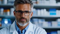 Mature male medical professional with gray hair and beard wearing glasses and white coat in pharmacy setting, looking confidently at camera. Professional healthcare portrait.