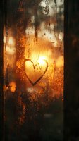 Heart drawn on misty window glass with golden sunset light shining through, creating romantic atmospheric mood with water drops and condensation.