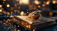 Magical glowing dragon figurine resting on vintage book pages with floating golden sparkles and bokeh lights creating mystical atmosphere for fantasy designs.