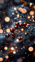 Festive Christmas tree branch with red ornaments and warm bokeh lights creating magical holiday atmosphere for seasonal decorations and greeting cards.