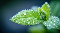 Fresh mint leaves covered with morning dew drops against blurred dark background. Macro photography shows crystal clear water droplets on green foliage.