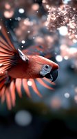 Scarlet macaw in flight against dark background with soft bokeh lights and cherry blossoms, wings spread showing vibrant coral feathers in dramatic lighting.