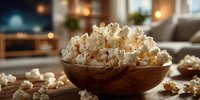 Fresh buttery popcorn in wooden bowl on rustic table with warm bokeh lights creating cozy home movie night atmosphere for snack and entertainment concepts.
