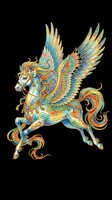 Ornate flying pegasus with colorful wings and intricate patterns, isolated on transparent background, ready for t-shirt design, stickers, and print on demand.