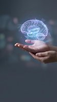 Glowing holographic brain floating above open palm representing artificial intelligence, mental health, neuroscience and cognitive technology concepts.