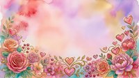 Watercolor floral frame with roses, peonies, and hearts on soft pastel background. Isolated design element suitable for wedding invitations, greeting cards, and decorative projects.