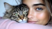 Young blonde woman cuddling with adorable tabby kitten in cozy indoor setting. Pet care and companionship concept for lifestyle and animal photography.