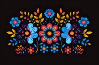 Vibrant folk art floral composition with blue and pink flowers, golden leaves on black background, symmetrical arrangement in traditional decorative style.