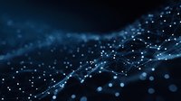 Abstract digital network visualization with glowing blue dots and connecting lines on dark background, representing technology and data connections.