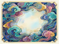Watercolor oriental clouds frame in blue, teal, purple and gold tones with empty center space for text or design elements.