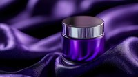 Purple cosmetic jar on luxurious silk fabric with metallic silver cap, elegant beauty product photography for skincare and luxury cosmetics marketing.