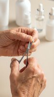 Senior woman hands trimming fingernails with small scissors in bathroom setting with skincare products for personal hygiene and self-care routine.
