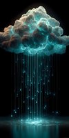 Glowing turquoise cloud with luminous rain-like streams against black background, creating ethereal light effect on reflective surface.