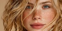 Close-up portrait of young blonde woman with freckles and natural makeup. Soft lighting highlights her blue eyes and wavy hair for beauty and skincare concepts.