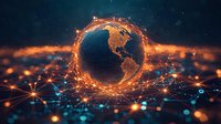 Global network connection with glowing orange and blue digital nodes surrounding illuminated Earth, representing worldwide data transfer, internet connectivity, and digital communication technology.