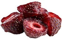 Fresh frozen strawberries with ice crystals and frost, cut in halves showing natural texture and seeds on white background, macro food photography.