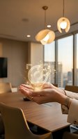 Female hand holding glowing digital camera icon with geometric shapes in modern office workspace with pendant lights and city skyline view through windows.