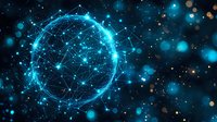 Glowing blue sphere formed by connected dots and lines against dark space background with bokeh light effects creates futuristic network visualization.
