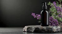 Dark amber glass pump bottle on stone with purple wildflowers against black background. Minimalist spa and beauty product photography for cosmetic packaging mockup.