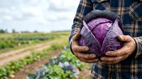 Farmer holding fresh purple cabbage in hands over agricultural field with crops, suitable for farming, agriculture, organic produce, and food industry marketing.