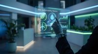 Professional in modern office environment interacting with holographic ESG sustainability metrics display showing environmental, social, governance data and green energy icons.
