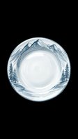 Circular glass bowl with mountain landscape and pine trees etched around rim, isolated on transparent background, ready for clipart, print-on-demand, sublimation, and design projects.