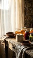 Rustic kitchen scene with preserved foods in glass jars, ceramic bowls and natural sunlight streaming through window onto wooden table with linen cloth.