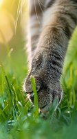 Tabby cat exploring green grass outdoors with selective focus on fur texture and whiskers, ideal for pet, nature, and lifestyle content.