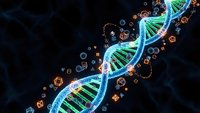 Glowing DNA double helix structure with molecular elements on dark background for scientific research and biotechnology presentations.
