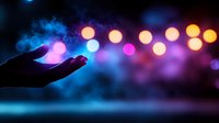 Hand holding glowing orb with colorful bokeh lights background for technology innovation and digital transformation concepts.