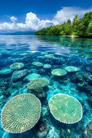 Tropical coral reef underwater with large coral formations in crystal clear turquoise water, palm trees on green island shore and white clouds in blue sky.