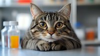 Curious tabby cat with bright eyes lying on table in medical office setting with medicine bottles and supplies in blurred background. Veterinary care concept.