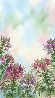 Watercolor floral frame with purple and pink wildflowers on soft pastel background for spring greeting cards and botanical designs.